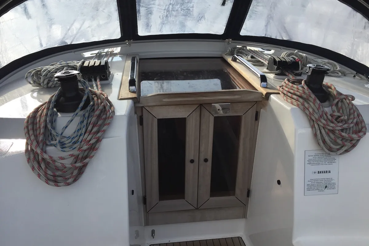 Deck of Alioth, a Bavaria Cruiser 41 sailboat at Olbia, Italy