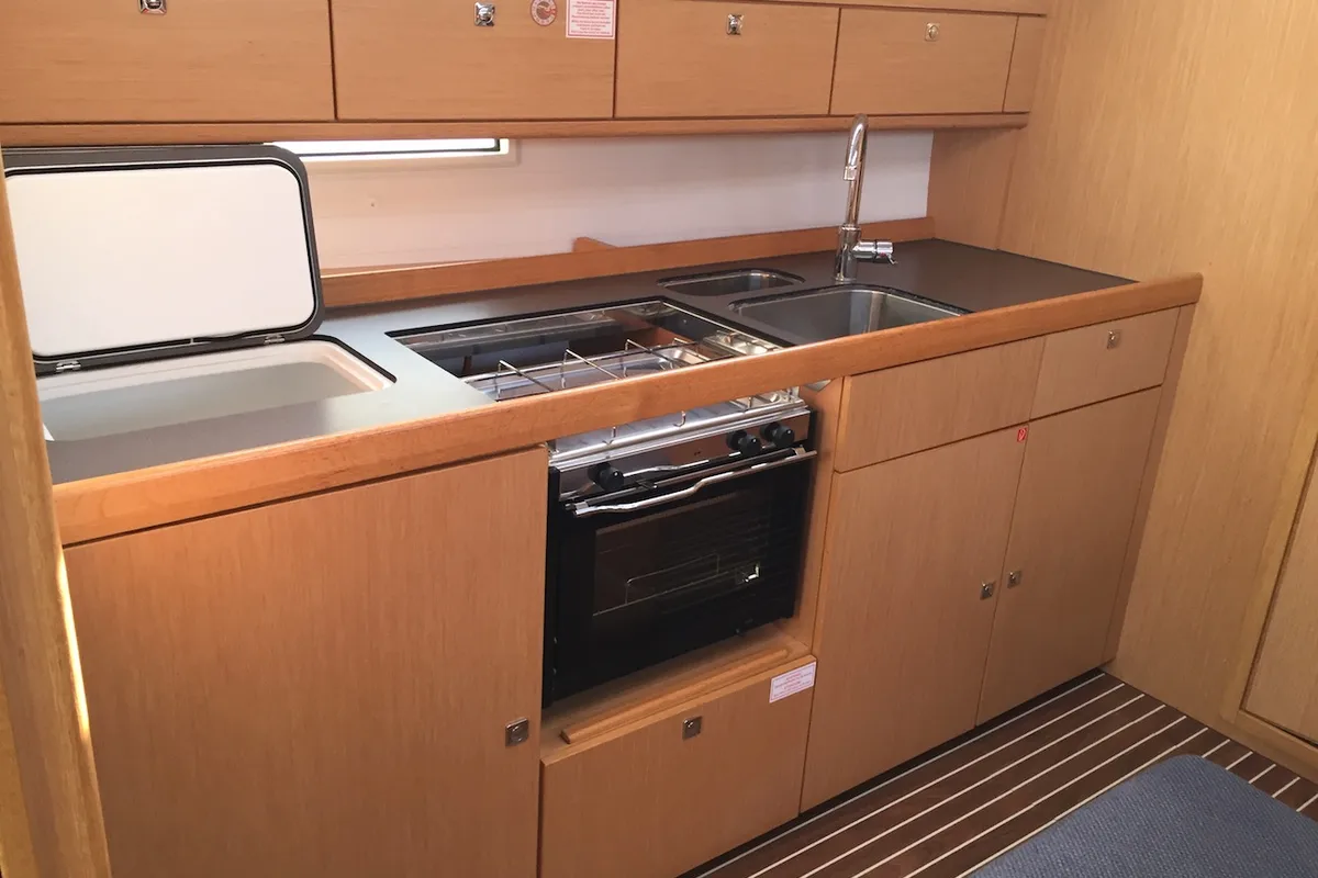 Galley of Alioth, a Bavaria Cruiser 41 sailboat at Olbia, Italy