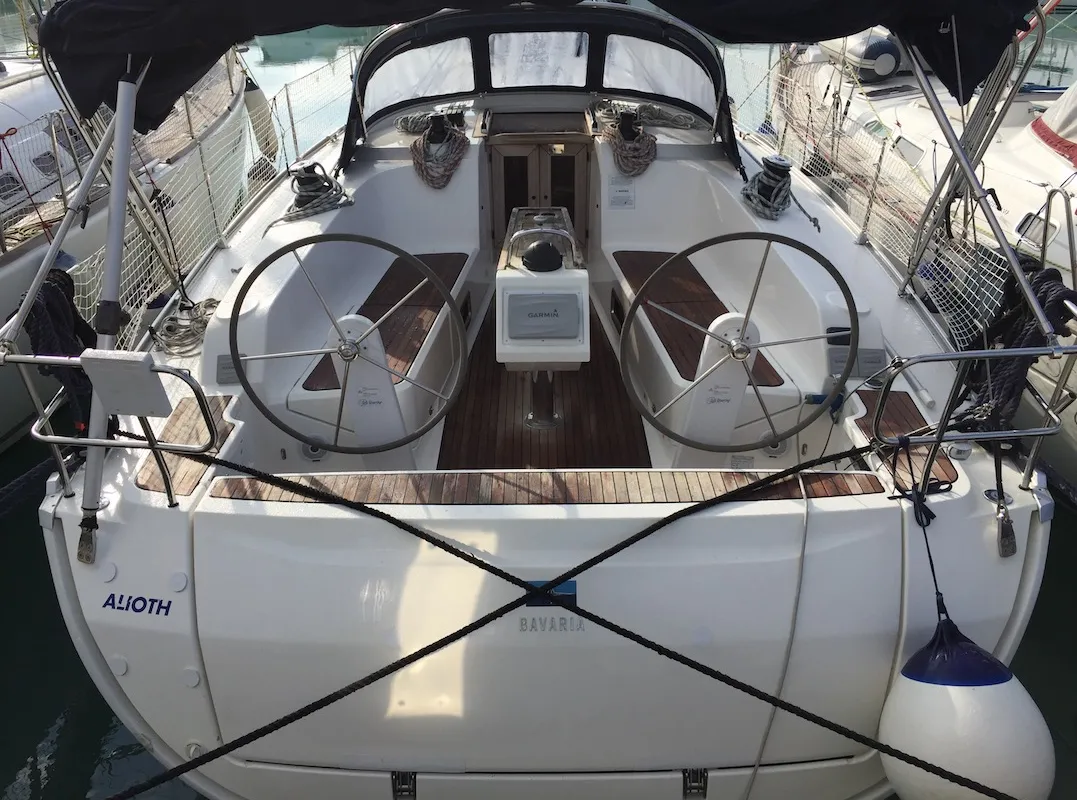 Cockpit of Alioth, a Bavaria Cruiser 41 sailboat at Olbia, Italy