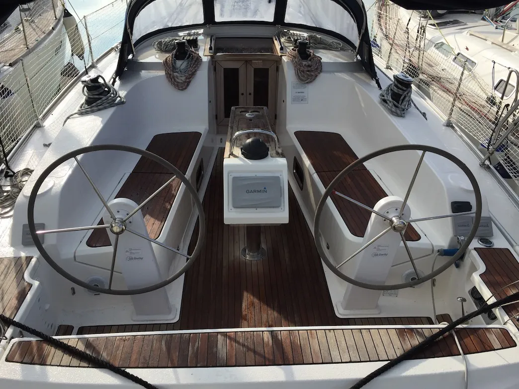 Cockpit of Alioth, a Bavaria Cruiser 41 sailboat at Olbia, Italy