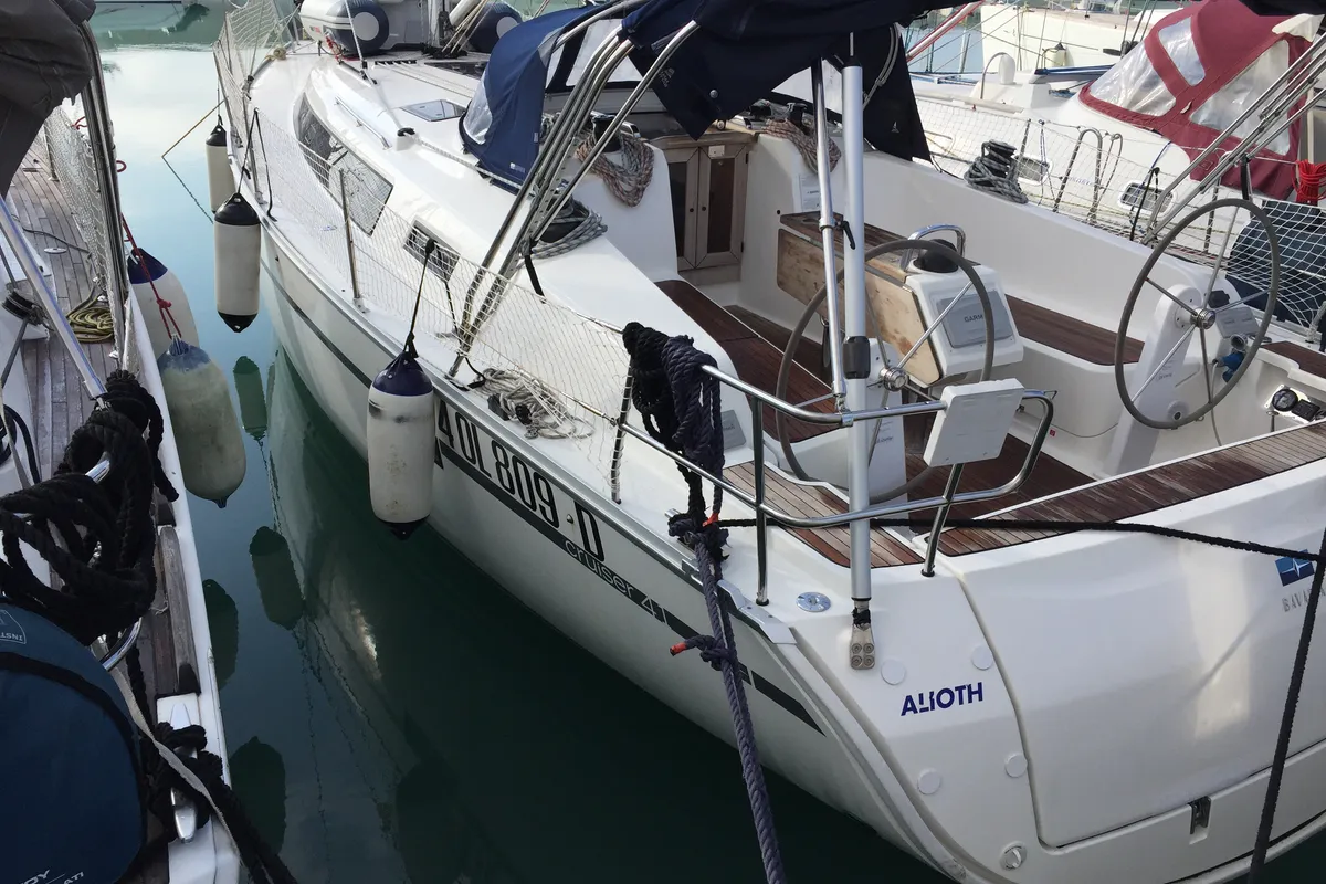 Exterior view of Alioth, a Bavaria Cruiser 41 sailboat at Olbia, Italy