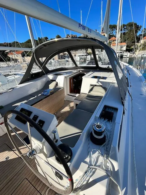 Cockpit of Brunello, a Bavaria C45 sailboat at Seget Donji, Croatia