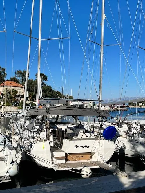 Deck of Brunello, a Bavaria C45 sailboat at Seget Donji, Croatia