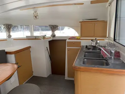 Galley of Felicite, a Lagoon 380 catamaran at Roche Caiman, Seychelles