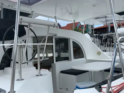 Cockpit of Felicite, a Lagoon 380 catamaran at Roche Caiman, Seychelles