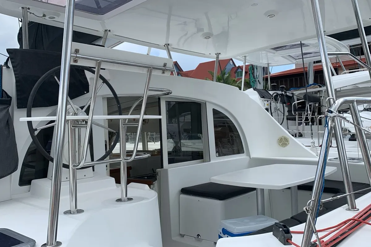 Cockpit of Felicite, a Lagoon 380 catamaran at Roche Caiman, Seychelles