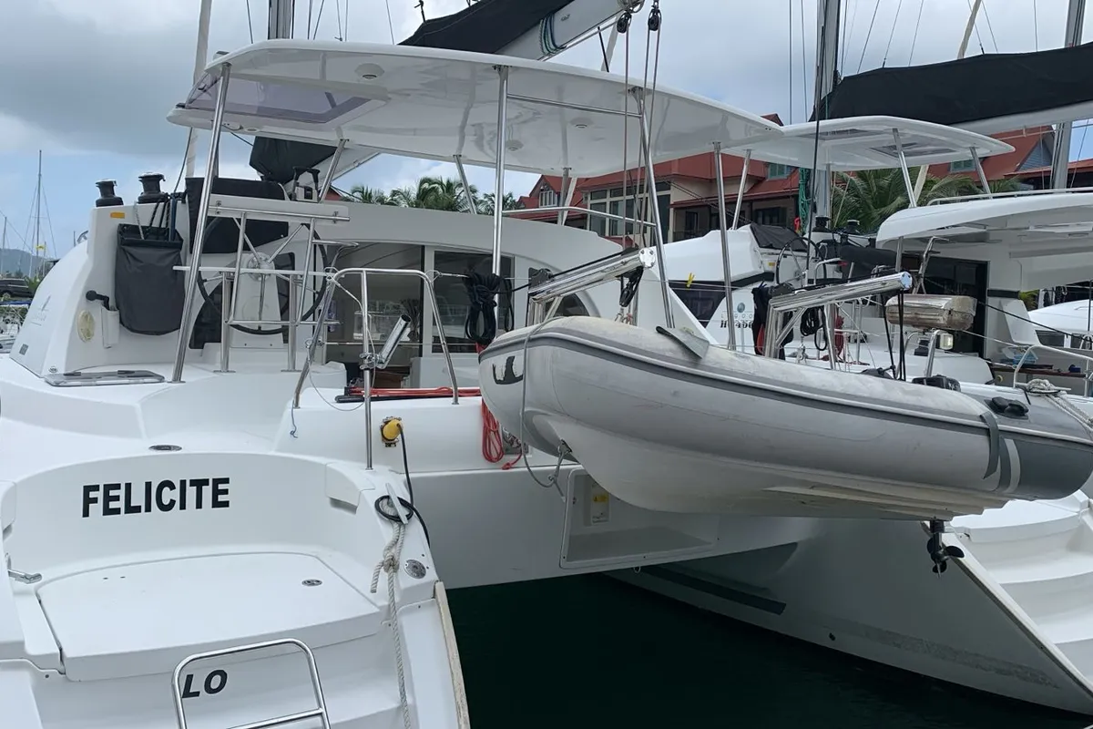 Exterior view of Felicite, a Lagoon 380 catamaran at Roche Caiman, Seychelles