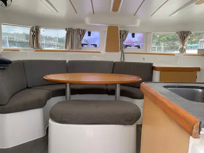 Salon of Felicite, a Lagoon 380 catamaran at Roche Caiman, Seychelles