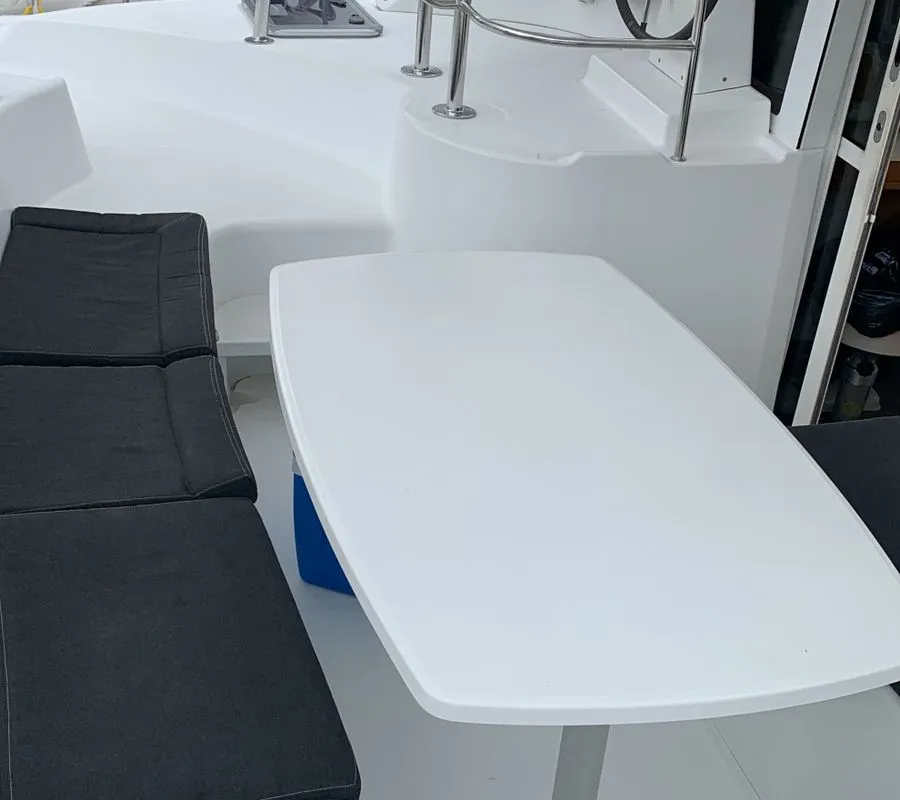 Deck of Felicite, a Lagoon 380 catamaran at Roche Caiman, Seychelles
