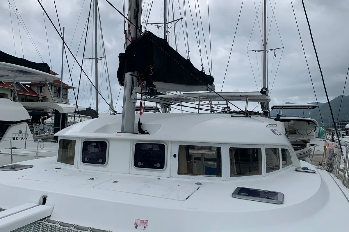 Exterior view of Felicite, a Lagoon 380 catamaran at Roche Caiman, Seychelles
