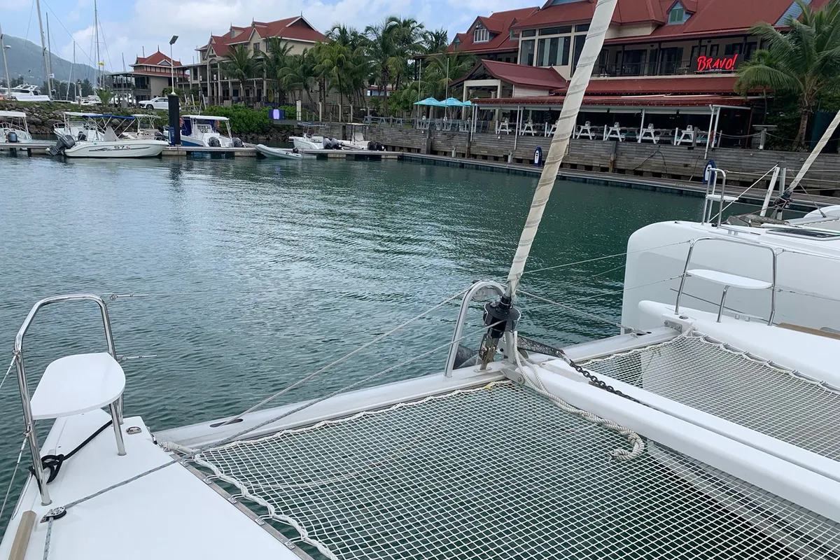 Deck of Felicite, a Lagoon 380 catamaran at Roche Caiman, Seychelles