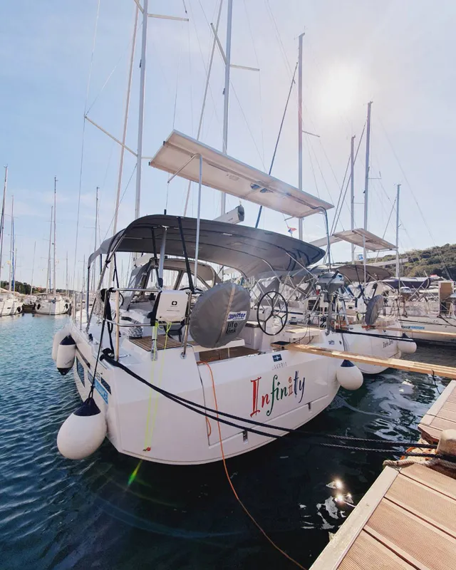 Exterior view of Infinity, a Bavaria C38 sailboat at Grad Pula, Croatia