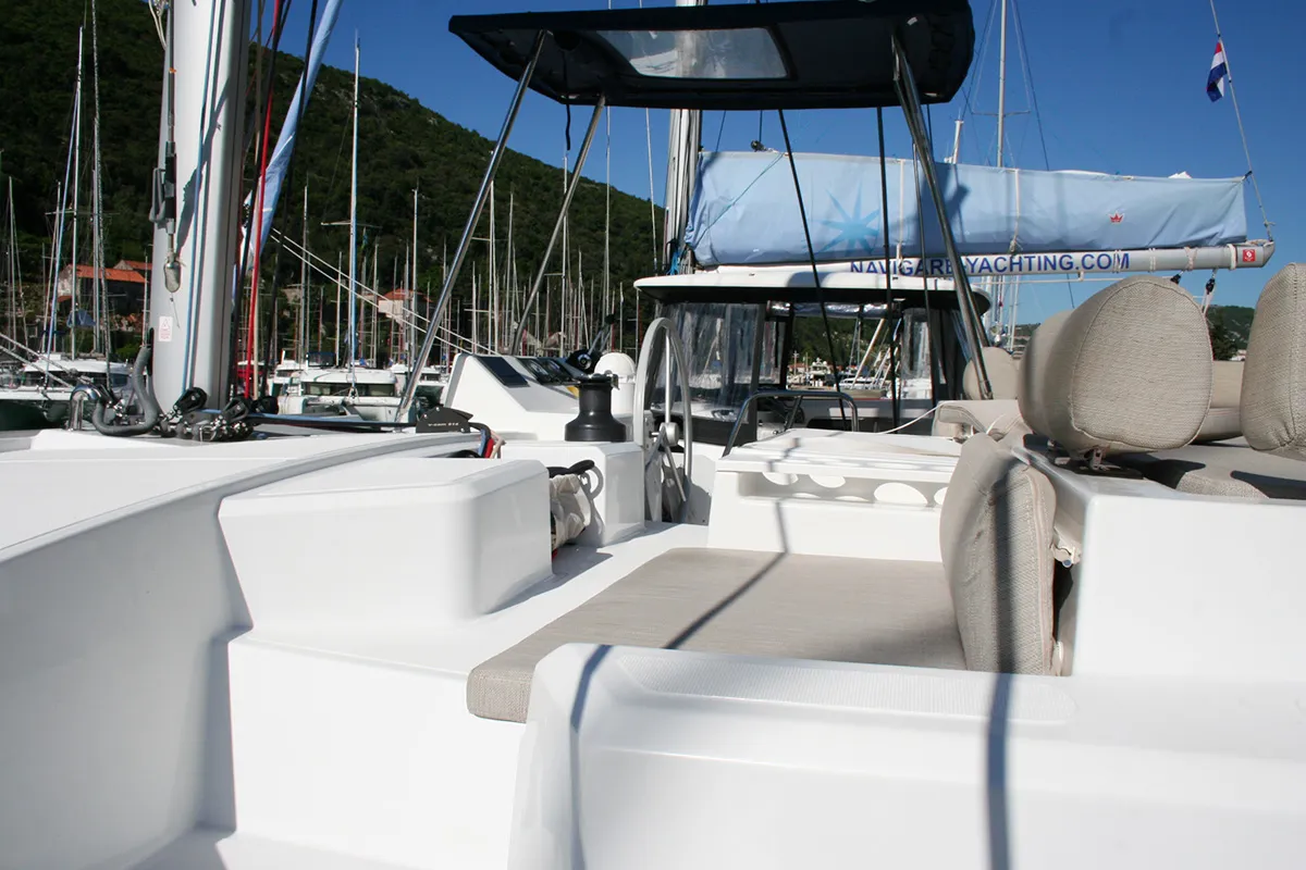 Cockpit of Ghost, a Bali Catspace catamaran at Dubrovnik, Croatia
