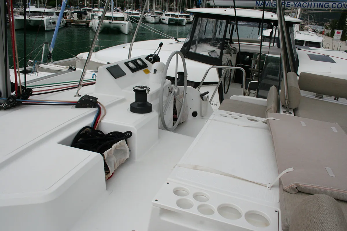 Cockpit of Ghost, a Bali Catspace catamaran at Dubrovnik, Croatia