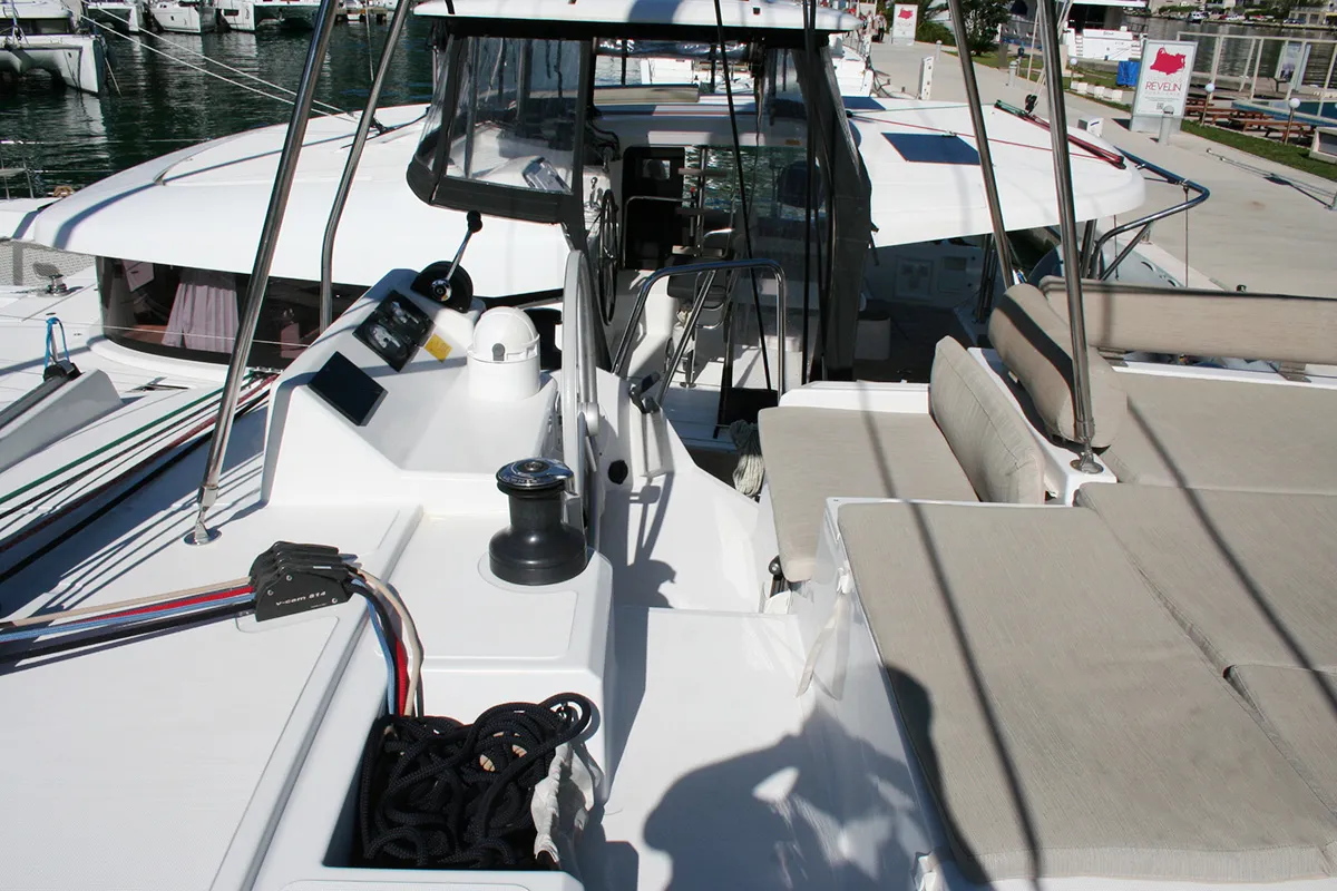 Cockpit of Ghost, a Bali Catspace catamaran at Dubrovnik, Croatia