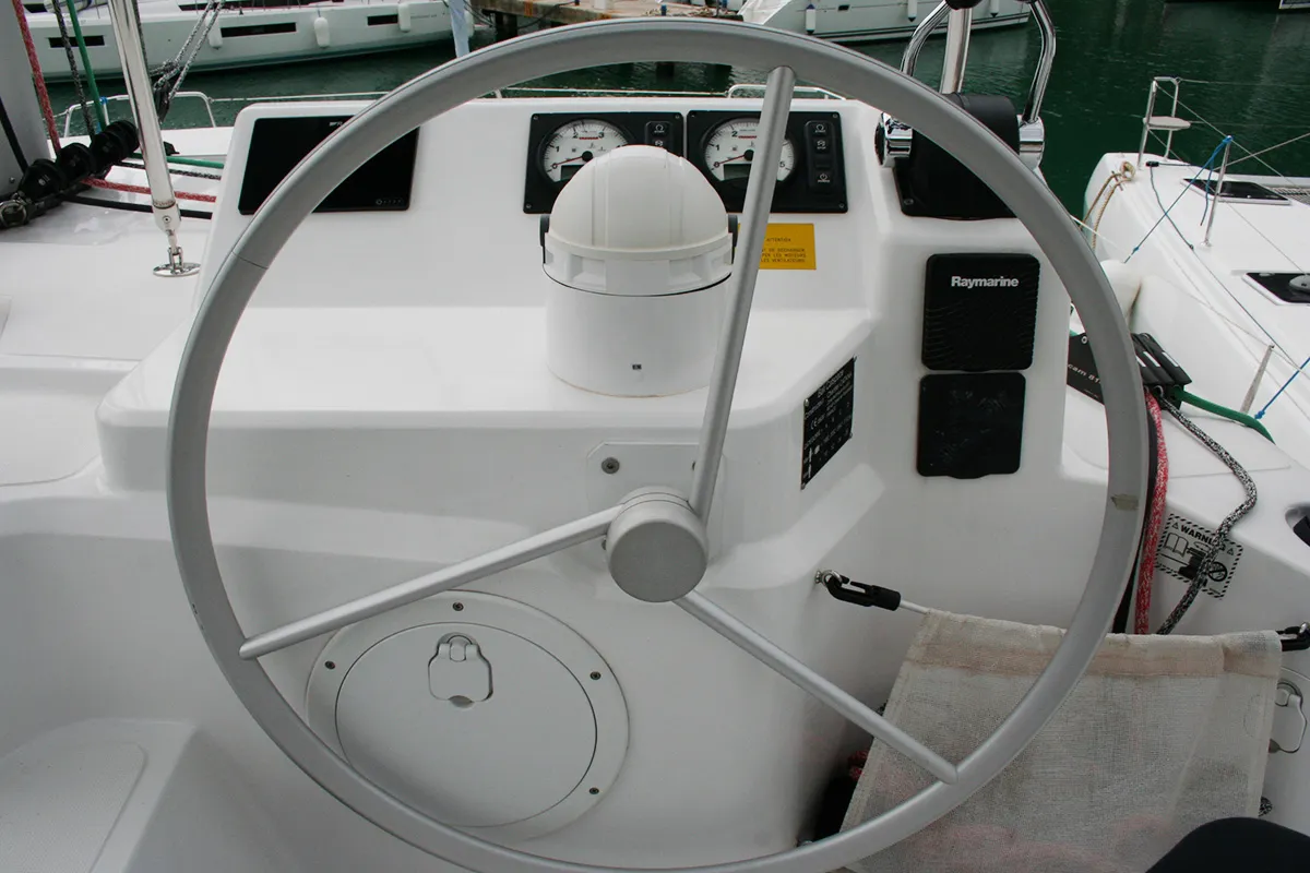 Cockpit of Ghost, a Bali Catspace catamaran at Dubrovnik, Croatia