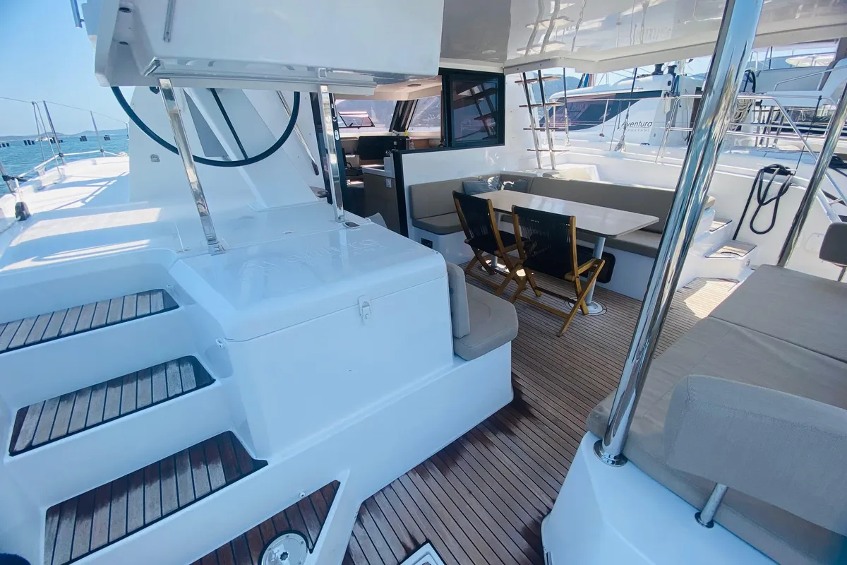 Deck of Elisa, a Aventura 37 catamaran at Porto-Vecchio, France