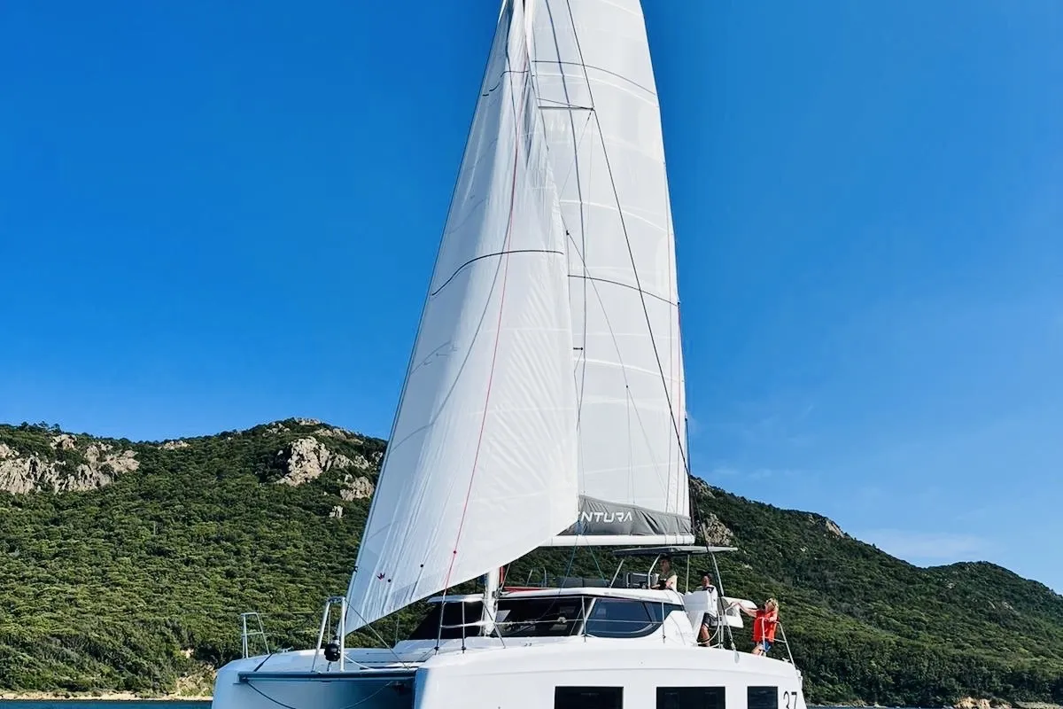 Exterior view of Elisa, a Aventura 37 catamaran at Porto-Vecchio, France