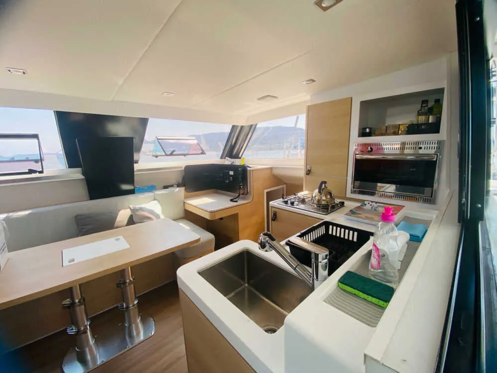 Salon of Elisa, a Aventura 37 catamaran at Porto-Vecchio, France