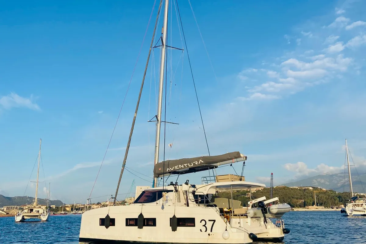 Exterior view of Elisa, a Aventura 37 catamaran at Porto-Vecchio, France
