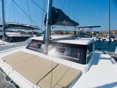 Deck of Elisa, a Aventura 37 catamaran at Porto-Vecchio, France