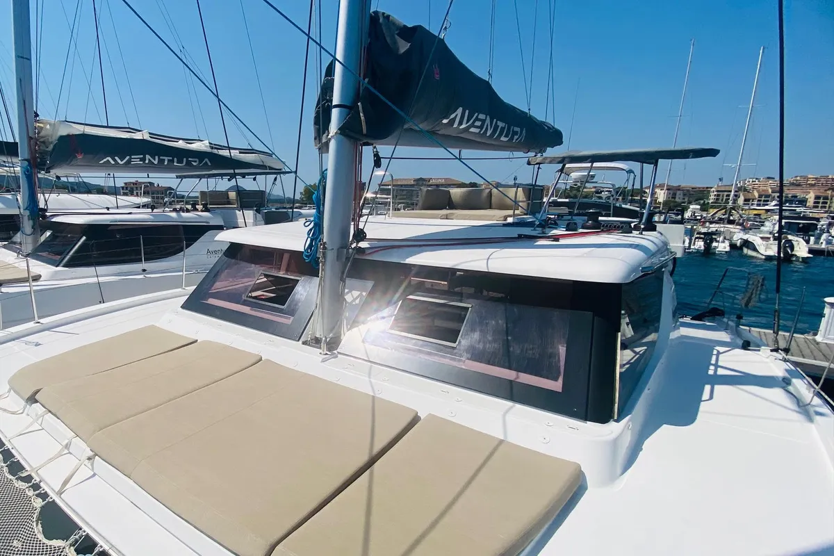 Deck of Elisa, a Aventura 37 catamaran at Porto-Vecchio, France