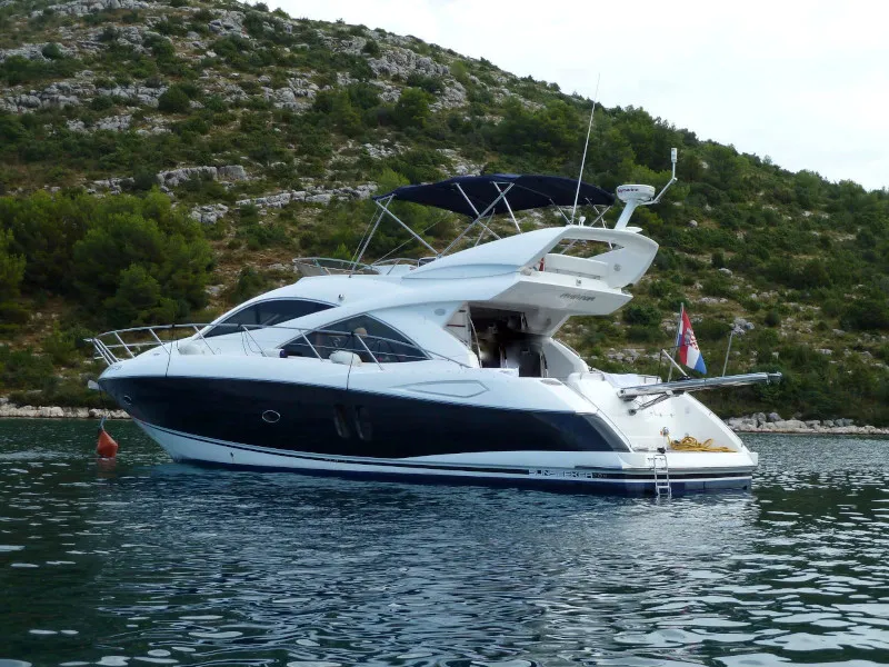 Exterior view of Aviator, a Sunseeker Manhattan 50 motorboat at Primošten, Croatia