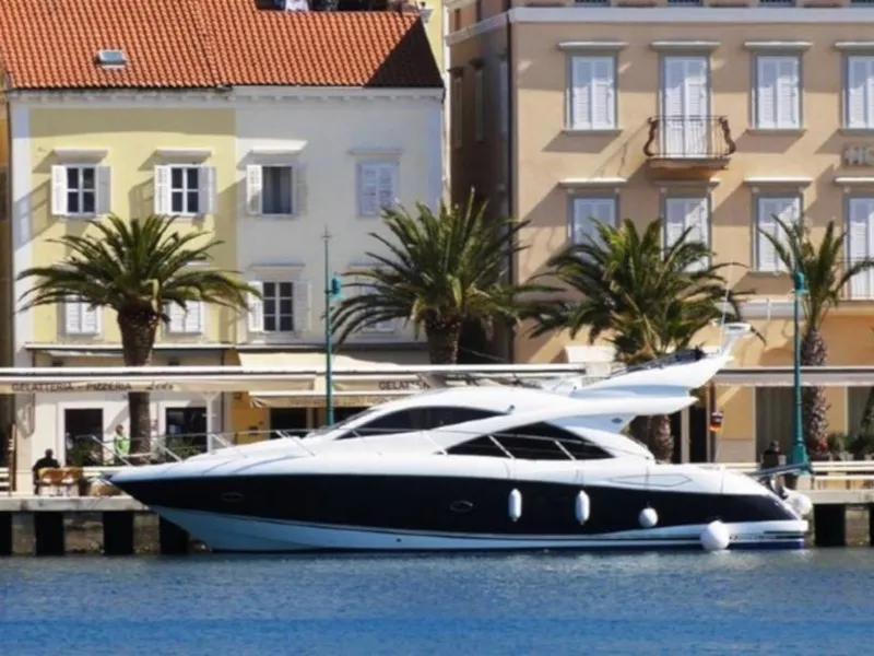 Exterior view of Aviator, a Sunseeker Manhattan 50 motorboat at Primošten, Croatia