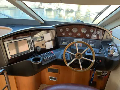 Cockpit of Aviator, a Sunseeker Manhattan 50 motorboat at Primošten, Croatia