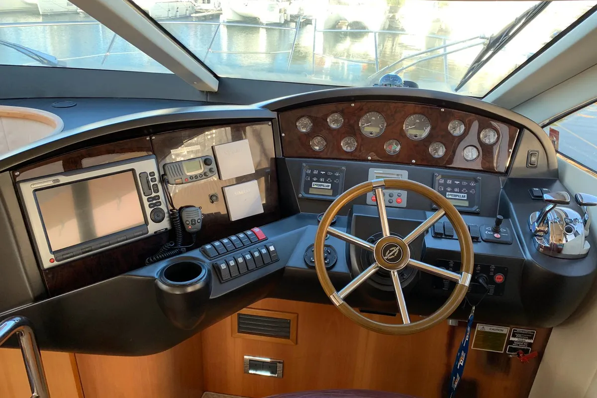 Cockpit of Aviator, a Sunseeker Manhattan 50 motorboat at Primošten, Croatia