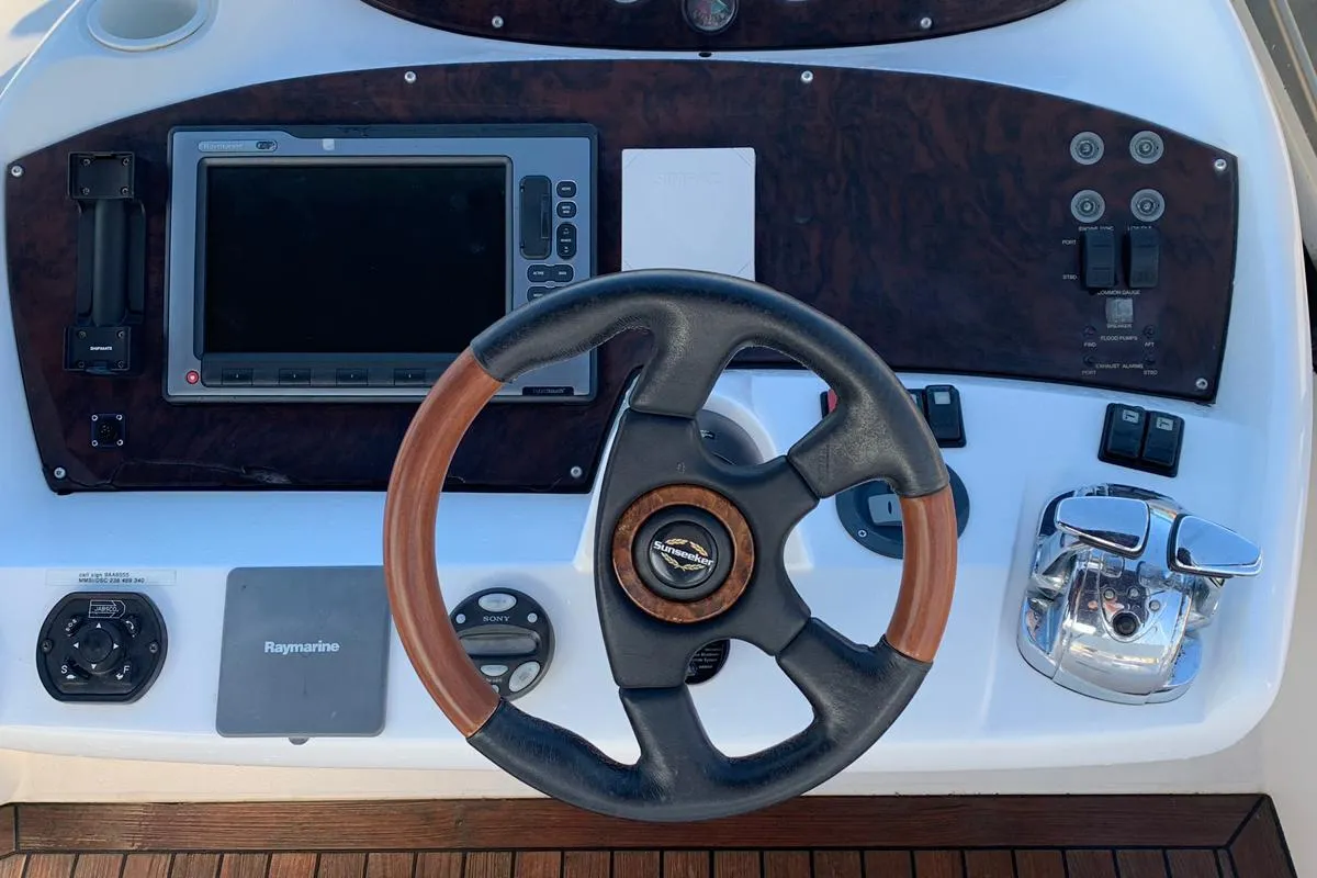 Cockpit of Aviator, a Sunseeker Manhattan 50 motorboat at Primošten, Croatia