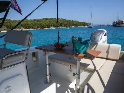 Deck of Carpaccio, a Mingolla Brava 28 WA motorboat at Grad Šibenik, Croatia