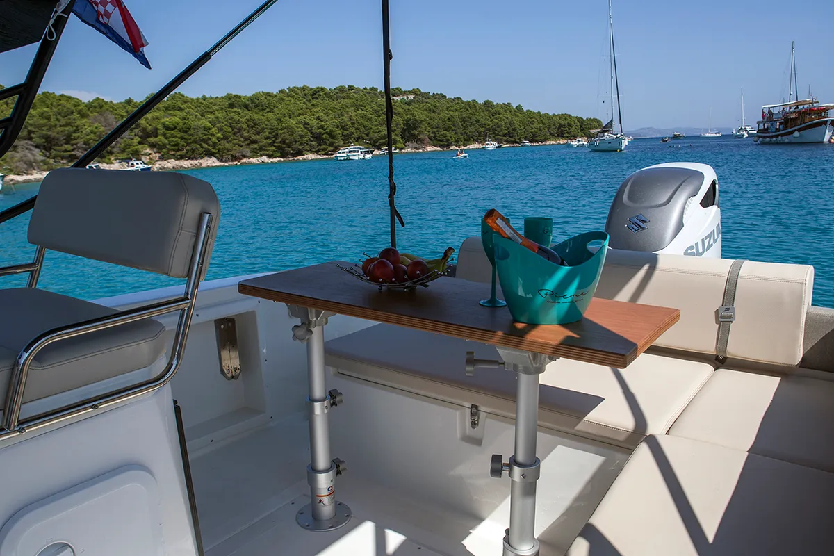 Deck of Carpaccio, a Mingolla Brava 28 WA motorboat at Grad Šibenik, Croatia