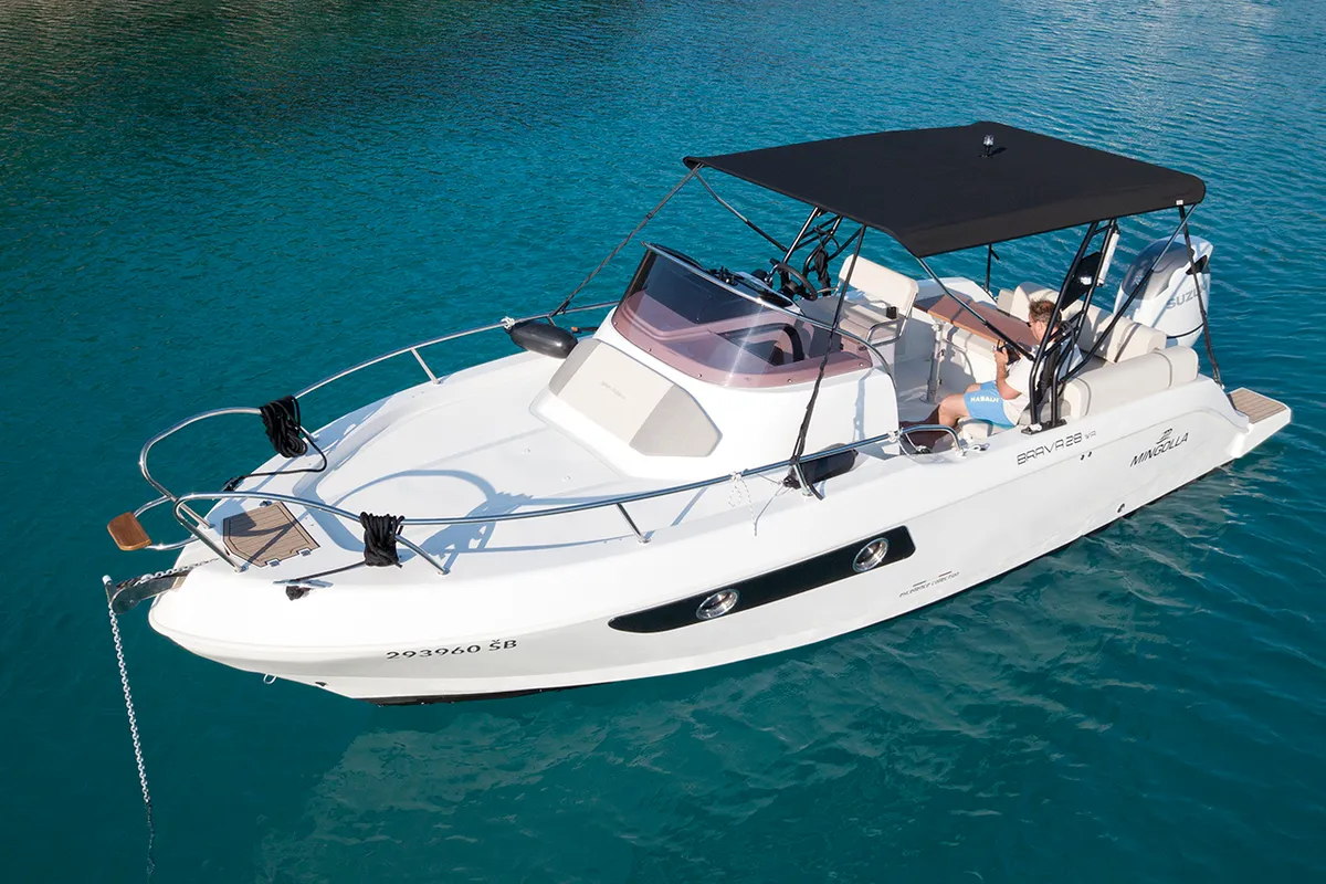 Exterior view of Carpaccio, a Mingolla Brava 28 WA motorboat at Grad Šibenik, Croatia