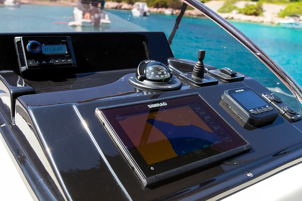 Cockpit of Carpaccio, a Mingolla Brava 28 WA motorboat at Grad Šibenik, Croatia