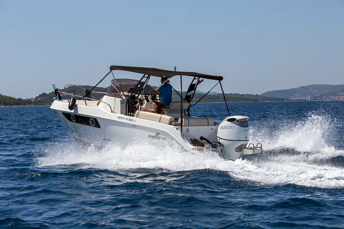 Exterior view of Carpaccio, a Mingolla Brava 28 WA motorboat at Grad Šibenik, Croatia