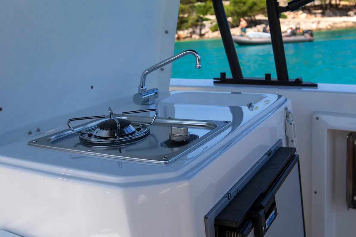 Deck of Carpaccio, a Mingolla Brava 28 WA motorboat at Grad Šibenik, Croatia