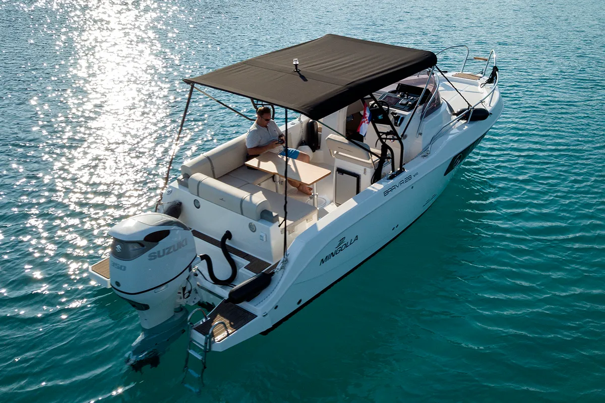 Exterior view of Carpaccio, a Mingolla Brava 28 WA motorboat at Grad Šibenik, Croatia