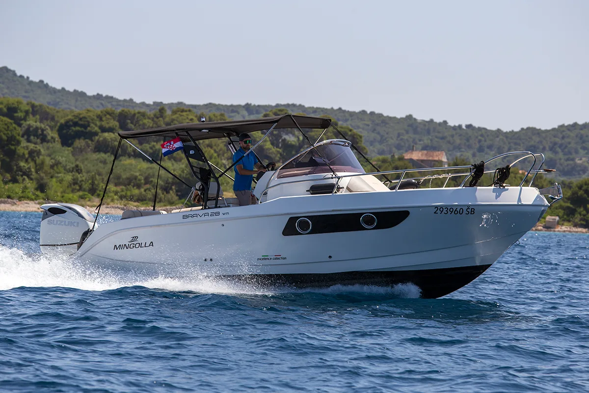 Exterior view of Carpaccio, a Mingolla Brava 28 WA motorboat at Grad Šibenik, Croatia
