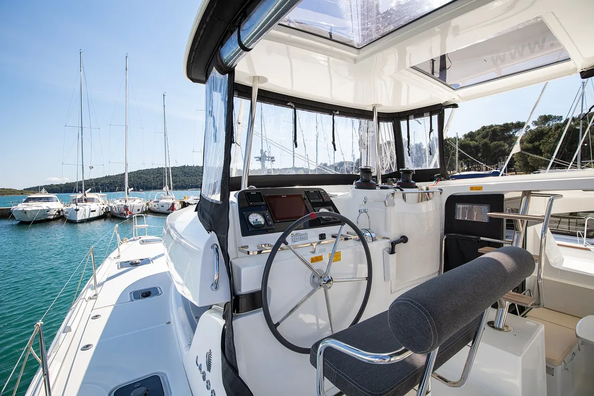 Cockpit of Mare Fiero, a Lagoon 42 catamaran at Općina Medulin, Croatia