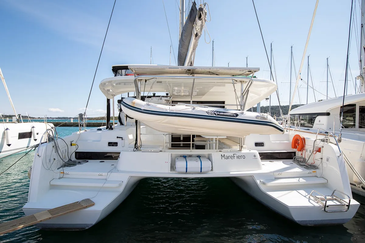 Exterior view of Mare Fiero, a Lagoon 42 catamaran at Općina Medulin, Croatia