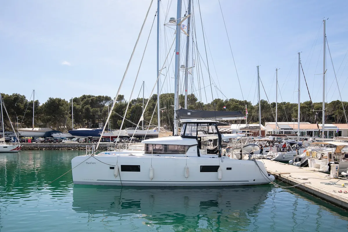 Exterior view of Mare Fiero, a Lagoon 42 catamaran at Općina Medulin, Croatia