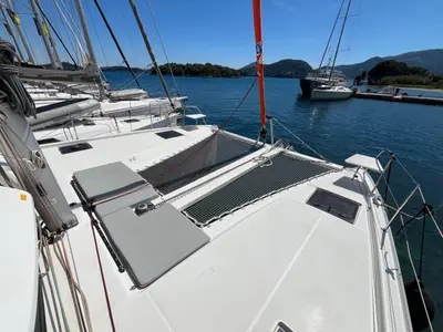 Deck of Amare III, a Excess 11 catamaran at Ellomenos, Greece