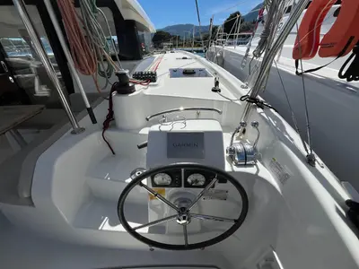 Cockpit of Amare III, a Excess 11 catamaran at Ellomenos, Greece