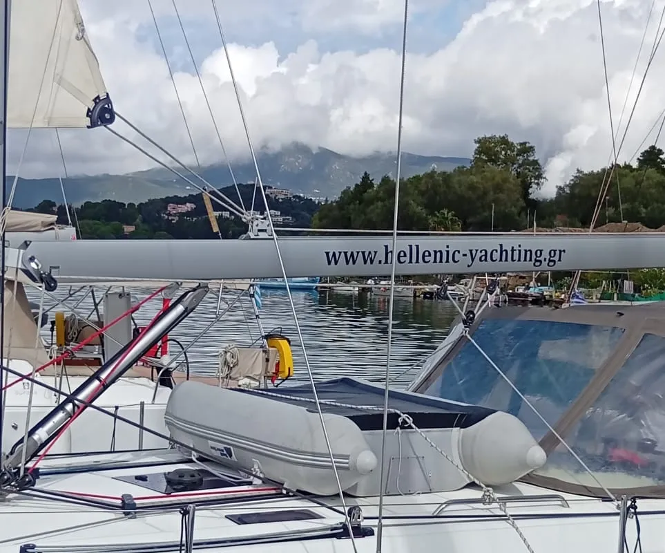 Deck of Eleni, a Hanse 418 sailboat at Kontokali, Greece