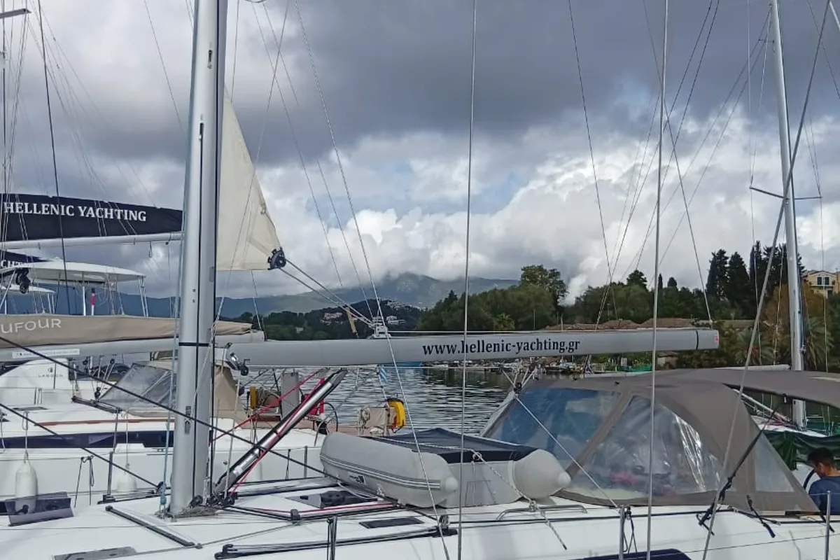 Exterior view of Eleni, a Hanse 418 sailboat at Kontokali, Greece