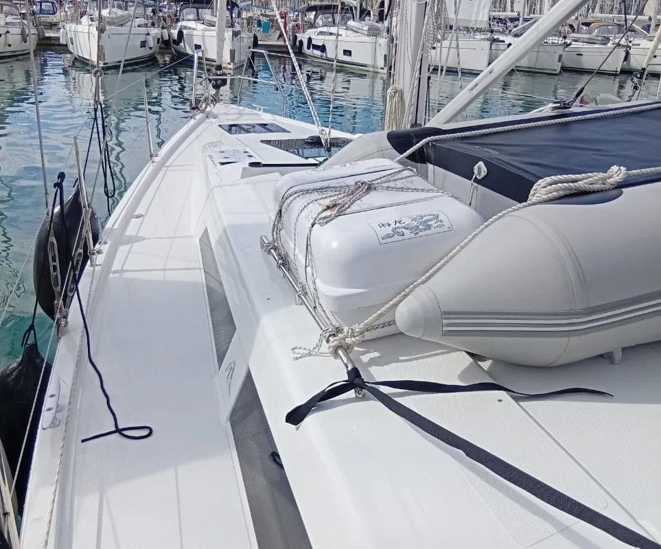 Deck of Eleni, a Hanse 418 sailboat at Kontokali, Greece