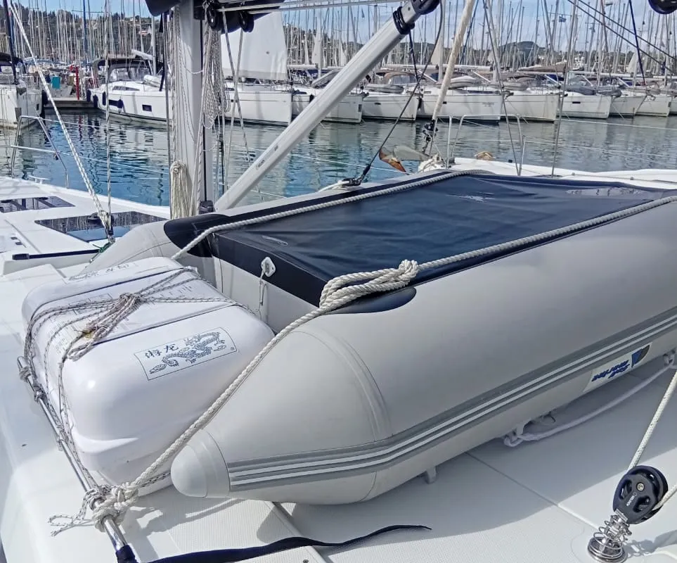 Deck of Eleni, a Hanse 418 sailboat at Kontokali, Greece