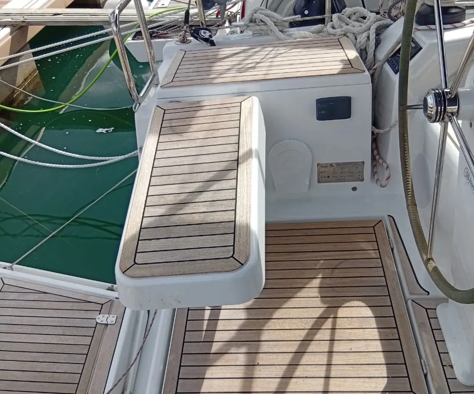 Cockpit of Eleni, a Hanse 418 sailboat at Kontokali, Greece