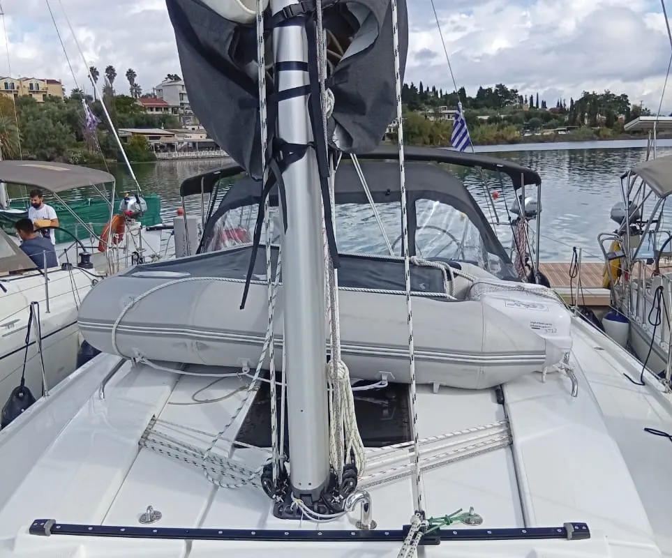 Deck of Eleni, a Hanse 418 sailboat at Kontokali, Greece